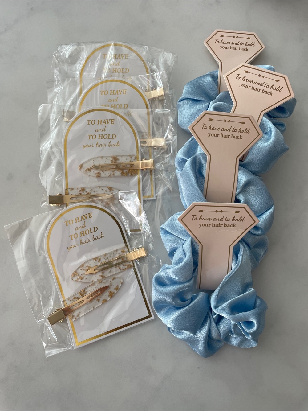 Gold Resin Hair Clips & Light Blue Satin Scrunchies Set